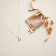 Delicate necklace, earrings, and charm bracelet arranged with a ribbon on a neutral background