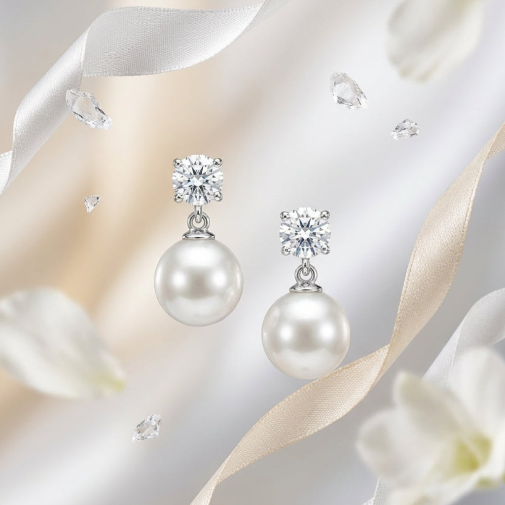 Pearl earrings with crystals on a white background with ribbons and flowers