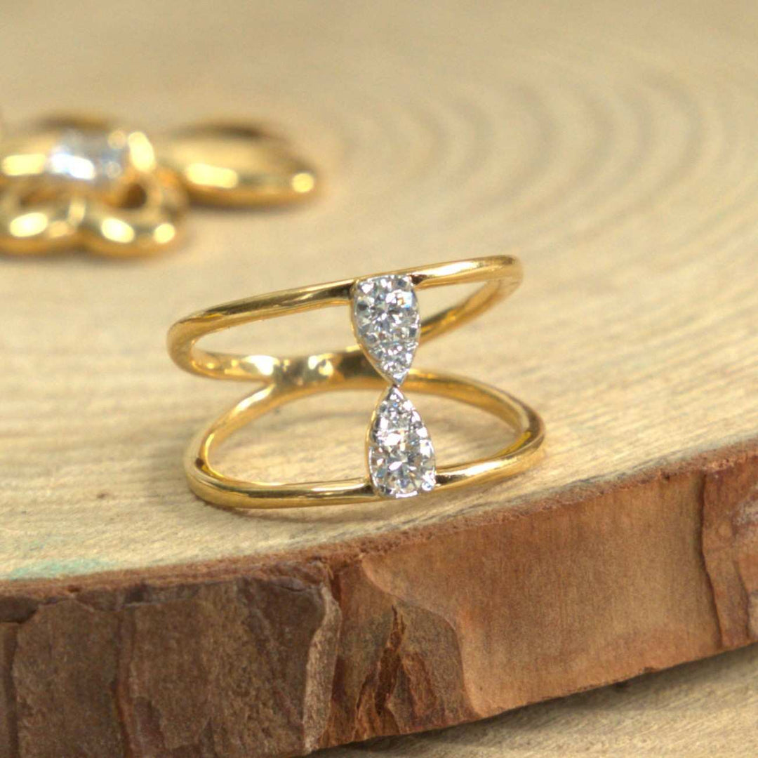 Double Band with Diamonds Ring - 18Kt Gold vermeil