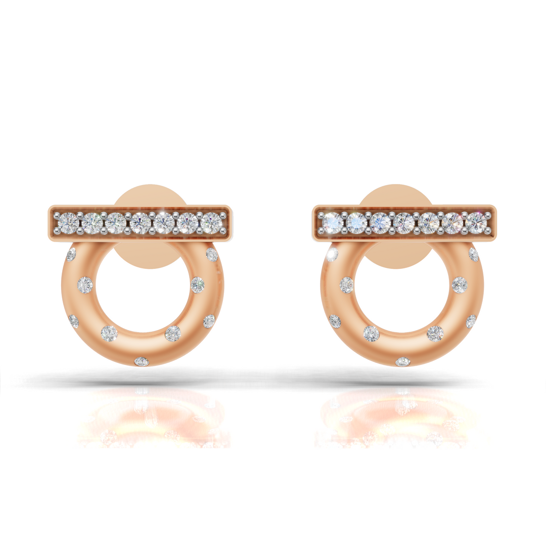 Circle & Bar Diamond Stud Earrings-18Kt Rose Gold vermeil
