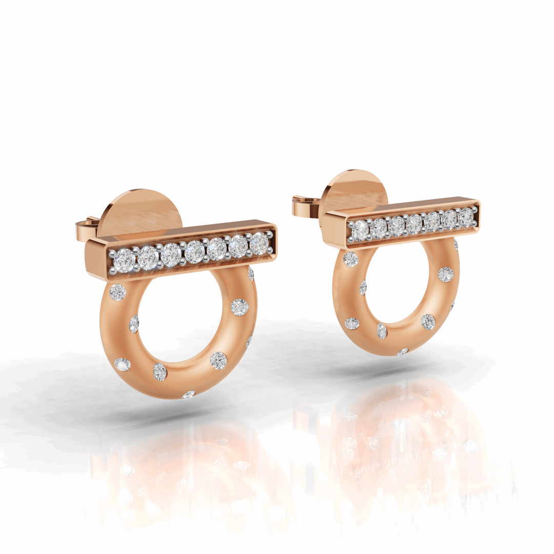 Circle & Bar Diamond Stud Earrings-18Kt Rose Gold vermeil