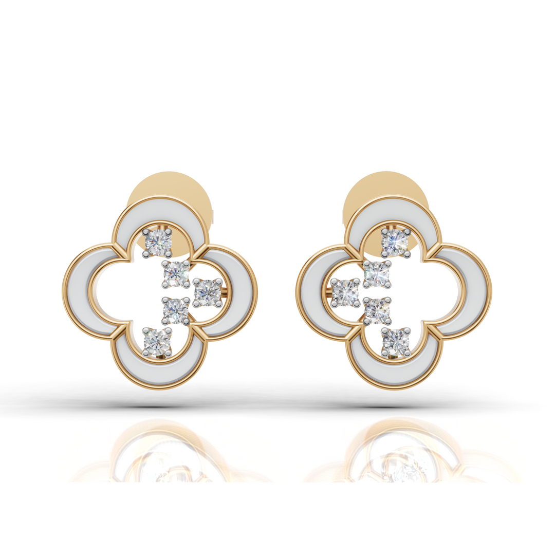 Clover Diamond Stud Earrings-18Kt Gold vermeil