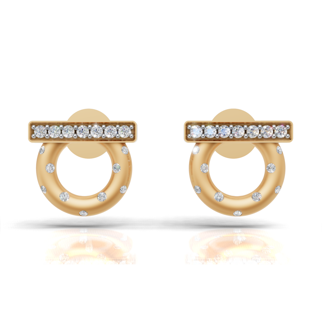 Circle & Bar Diamond Stud Earrings-18Kt Gold vermeil