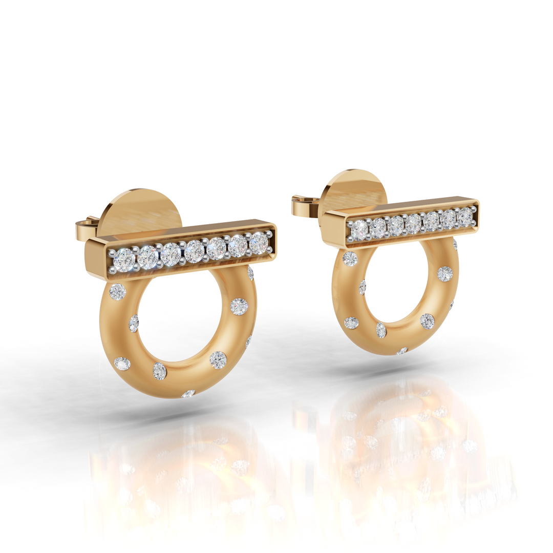 Circle & Bar Diamond Stud Earrings-18Kt Gold vermeil