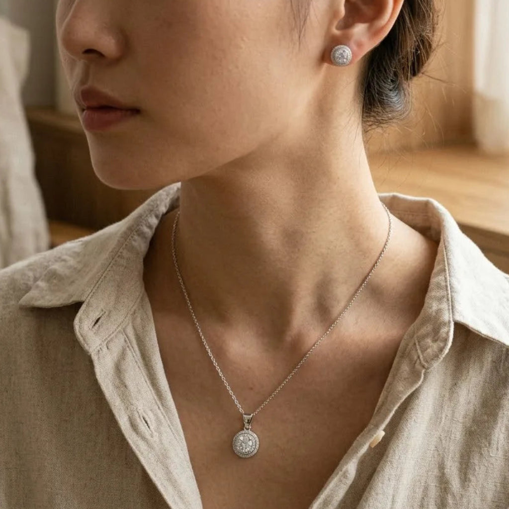 The Soleste Double Halo Pendant Set