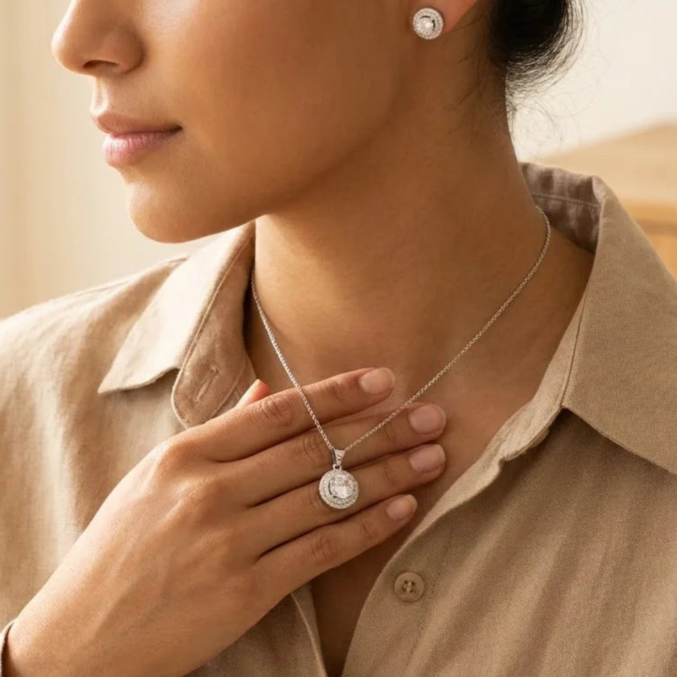 The Soleste Double Halo Pendant Set