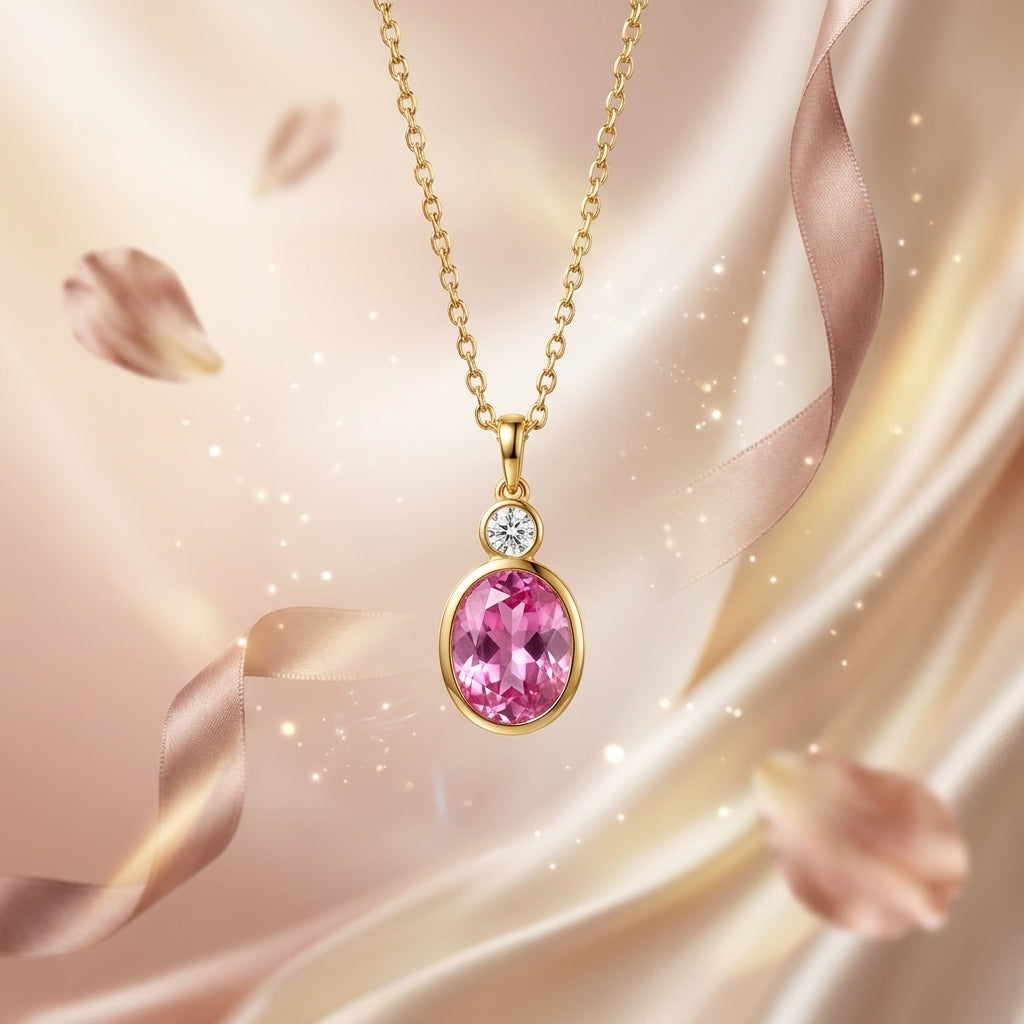 Gold pendant necklace featuring an oval pink gemstone and a small round clear accent stone, displayed against a soft pink satin background with floating petals and sparkles.