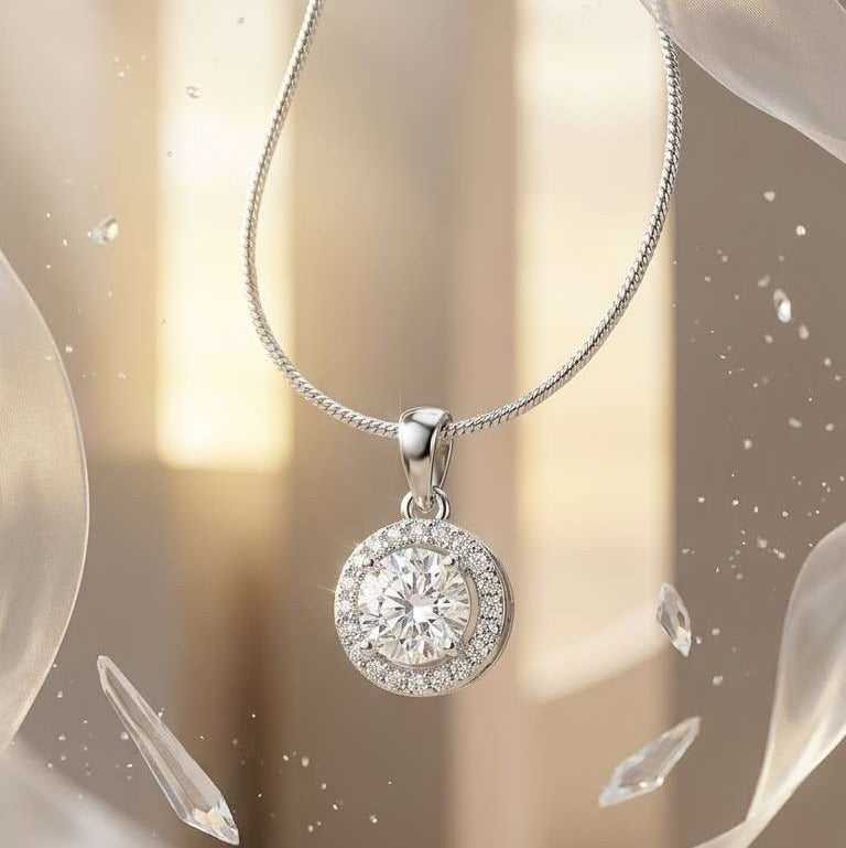 Silver necklace with a round, diamond-studded pendant against a soft, blurred background.